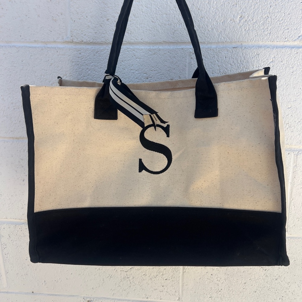 Canvas Black and Cream Tote Bag with Initial
